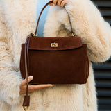 Amy Classic Suede Flap Bag with Top Handle – Timeless Structured Handbag - in Dark Brown | Arvea Bags
