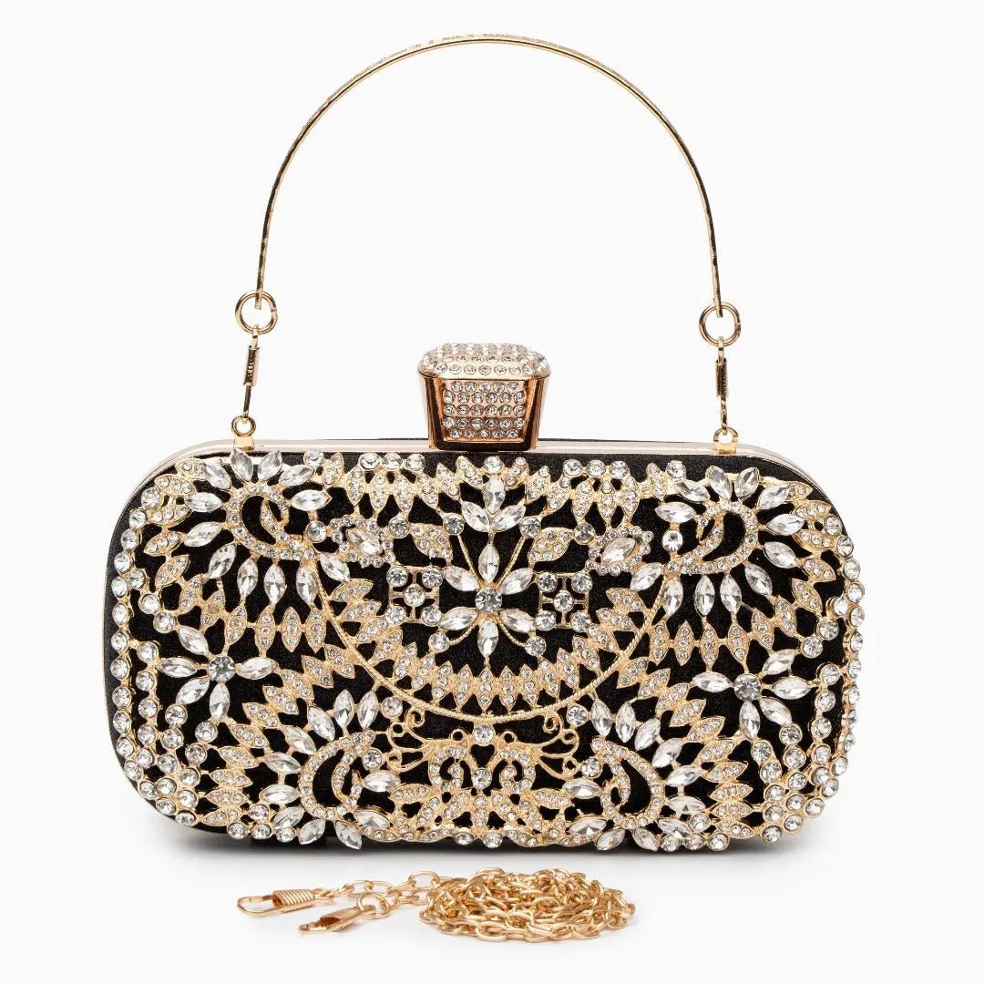 Anastasia | Gold Crystal Embellished Evening Handbag – Royal Elegance - in Black | Arvea Bags