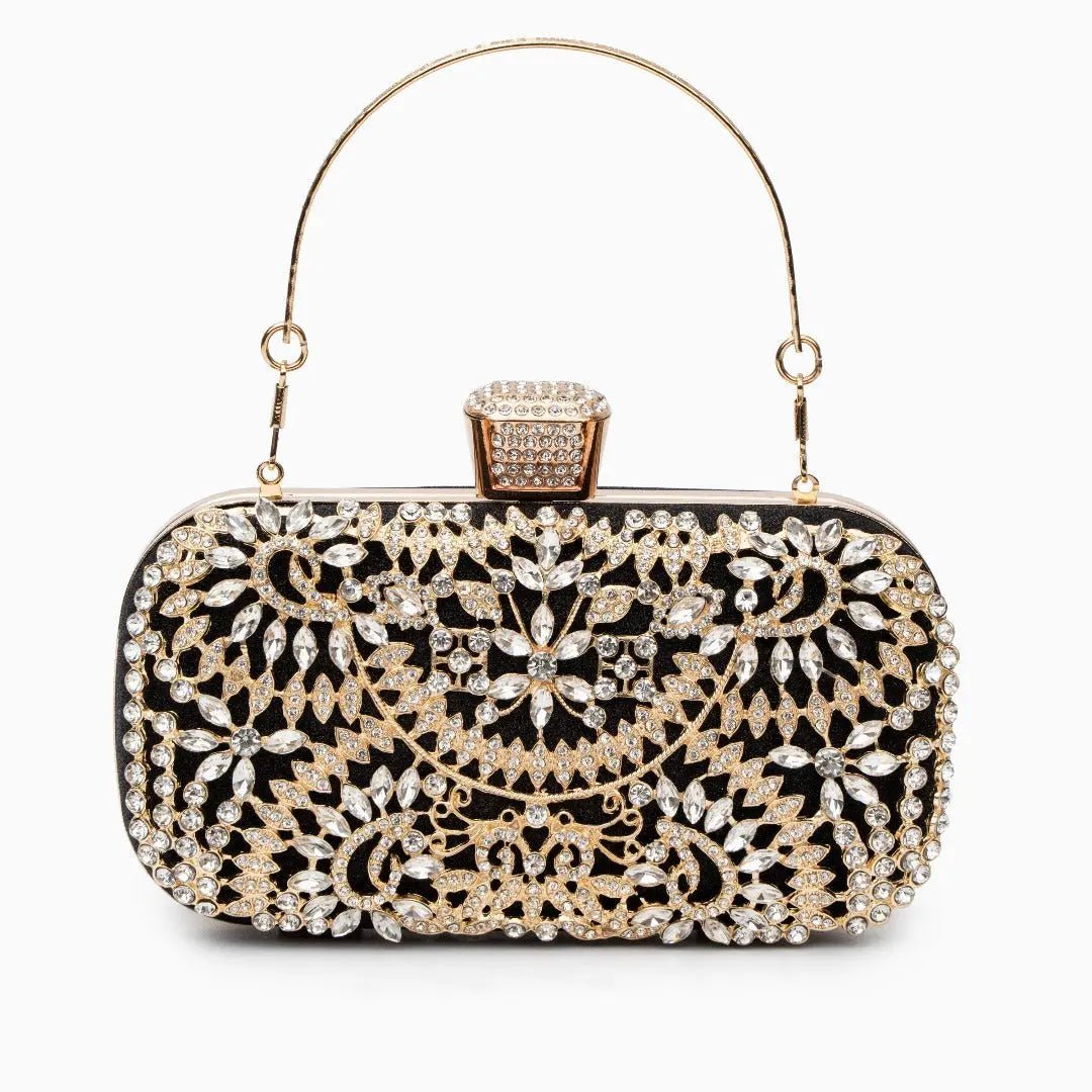 Anastasia | Gold Crystal Embellished Evening Handbag – Royal Elegance - in Black | Arvea Bags