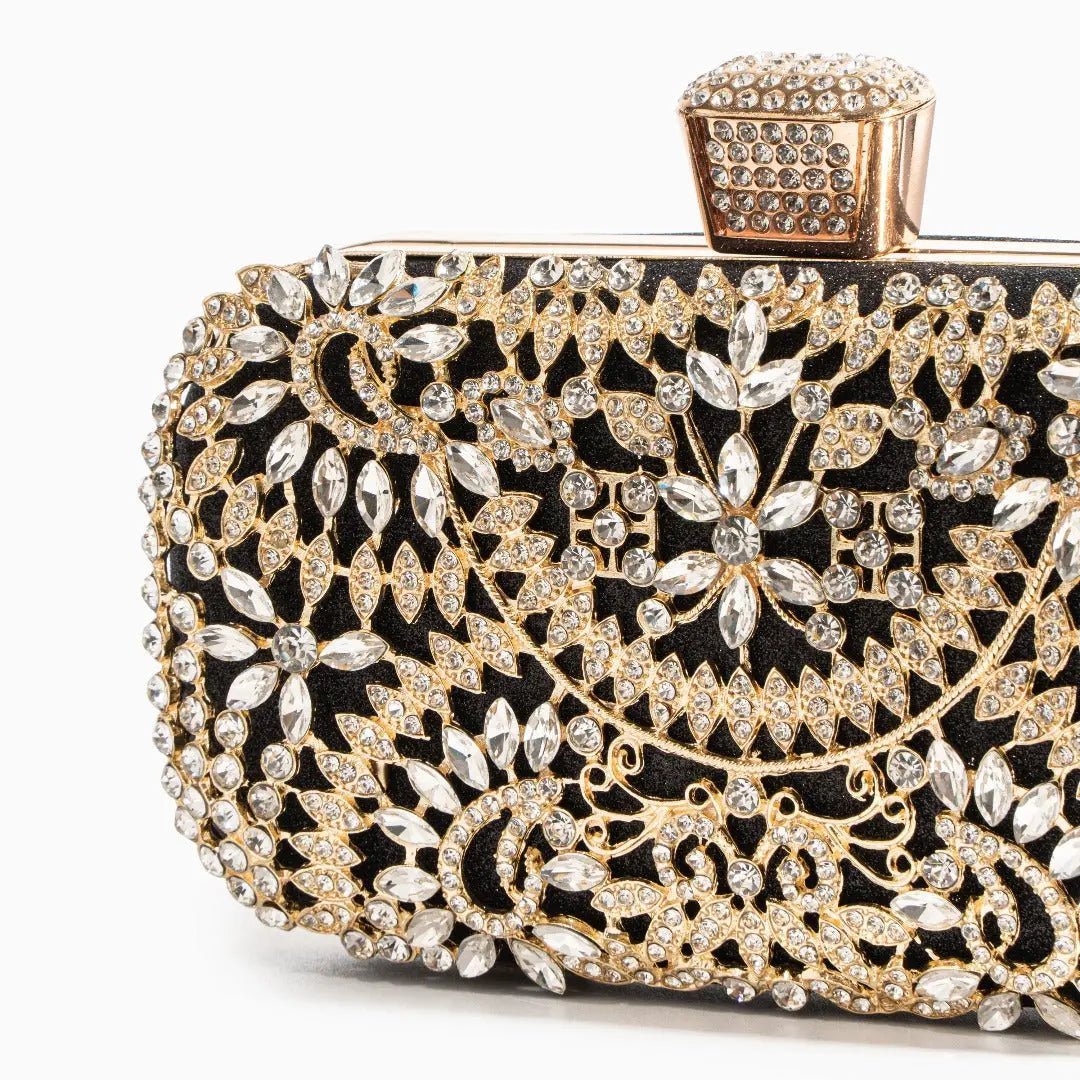 Anastasia | Gold Crystal Embellished Evening Handbag – Royal Elegance - in Black | Arvea Bags