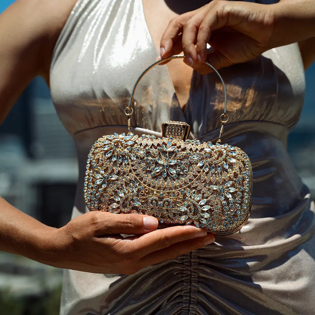 Anastasia | Gold Crystal Embellished Evening Handbag – Royal Elegance - in Gold | Arvea Bags