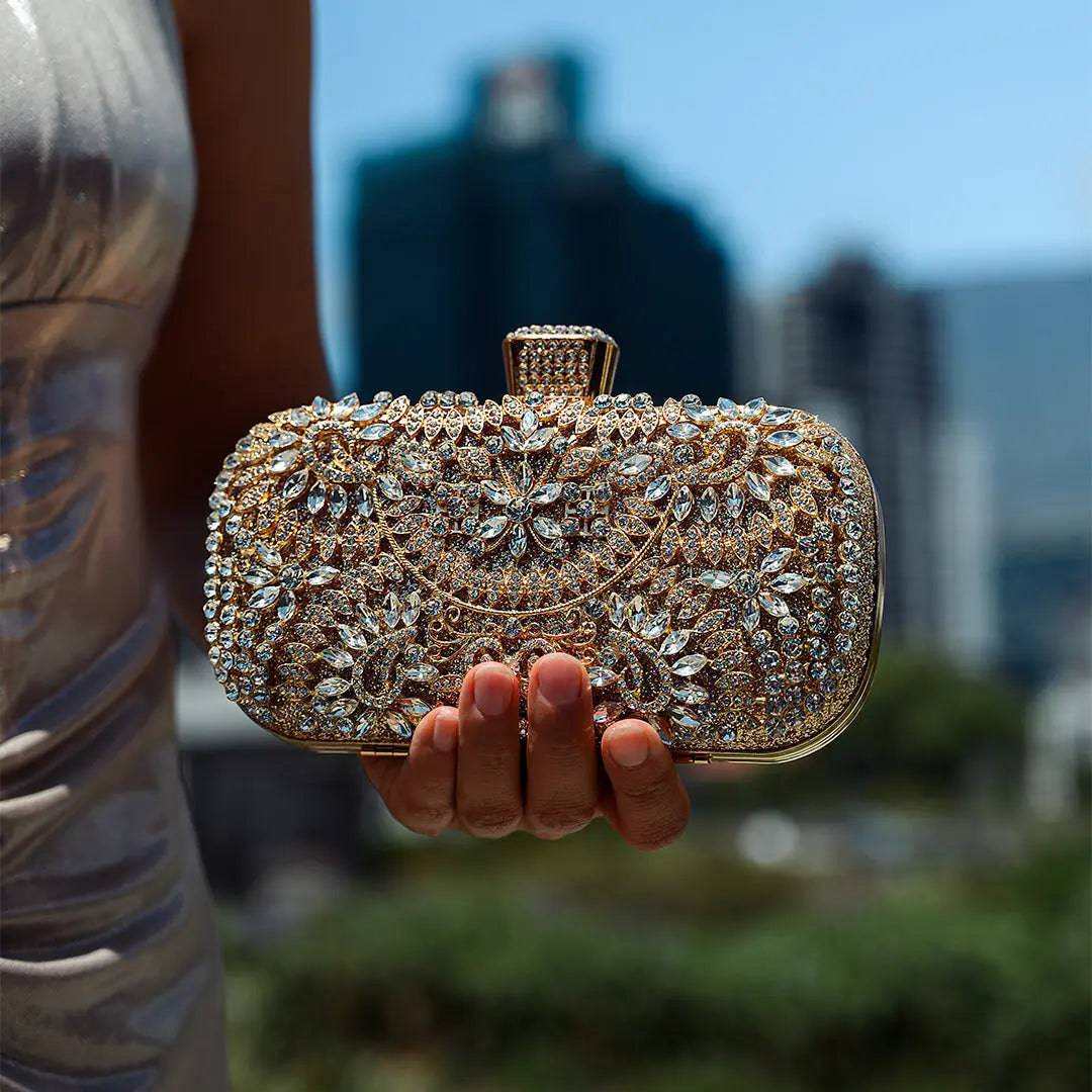 Anastasia | Gold Crystal Embellished Evening Handbag – Royal Elegance - in Gold | Arvea Bags