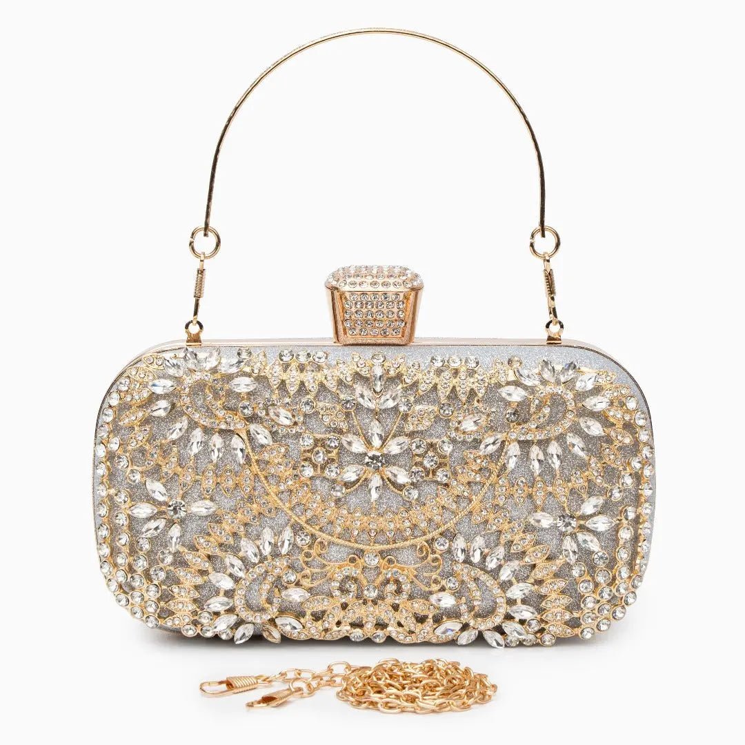 Anastasia | Gold Crystal Embellished Evening Handbag – Royal Elegance - in Silver | Arvea Bags