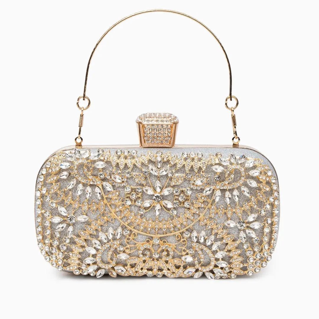 Anastasia | Gold Crystal Embellished Evening Handbag – Royal Elegance - in Silver | Arvea Bags