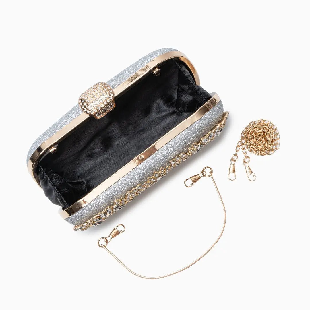 Anastasia | Gold Crystal Embellished Evening Handbag – Royal Elegance - in Silver | Arvea Bags