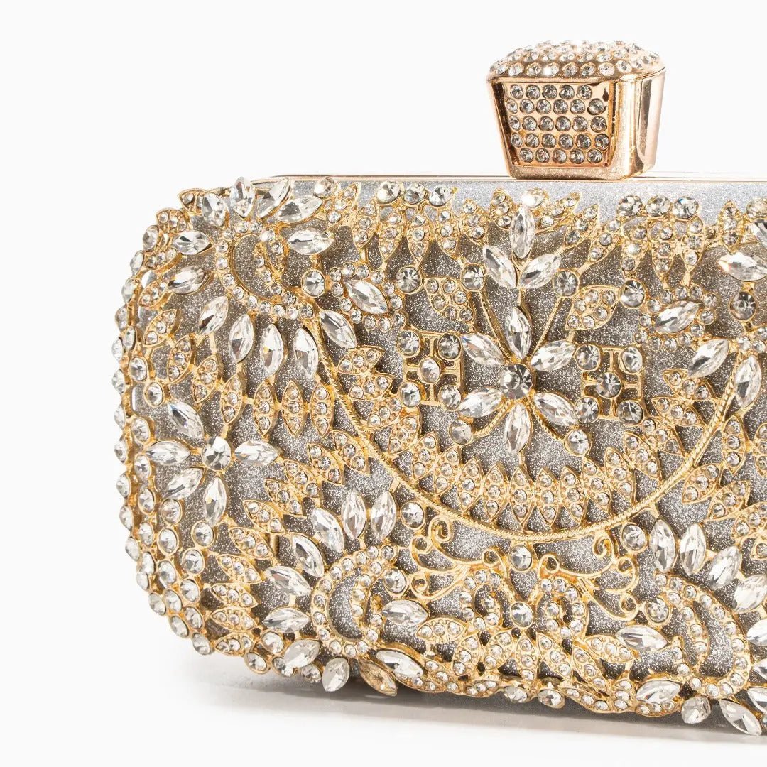 Anastasia | Gold Crystal Embellished Evening Handbag – Royal Elegance - in Silver | Arvea Bags