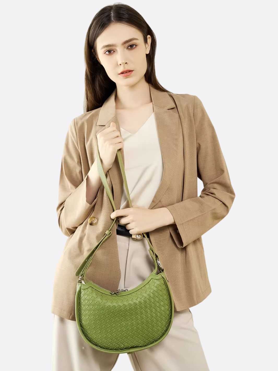 Arden Woven Crescent Bag – Genuine Leather Shoulder Bag - in Green | Arvea Bags