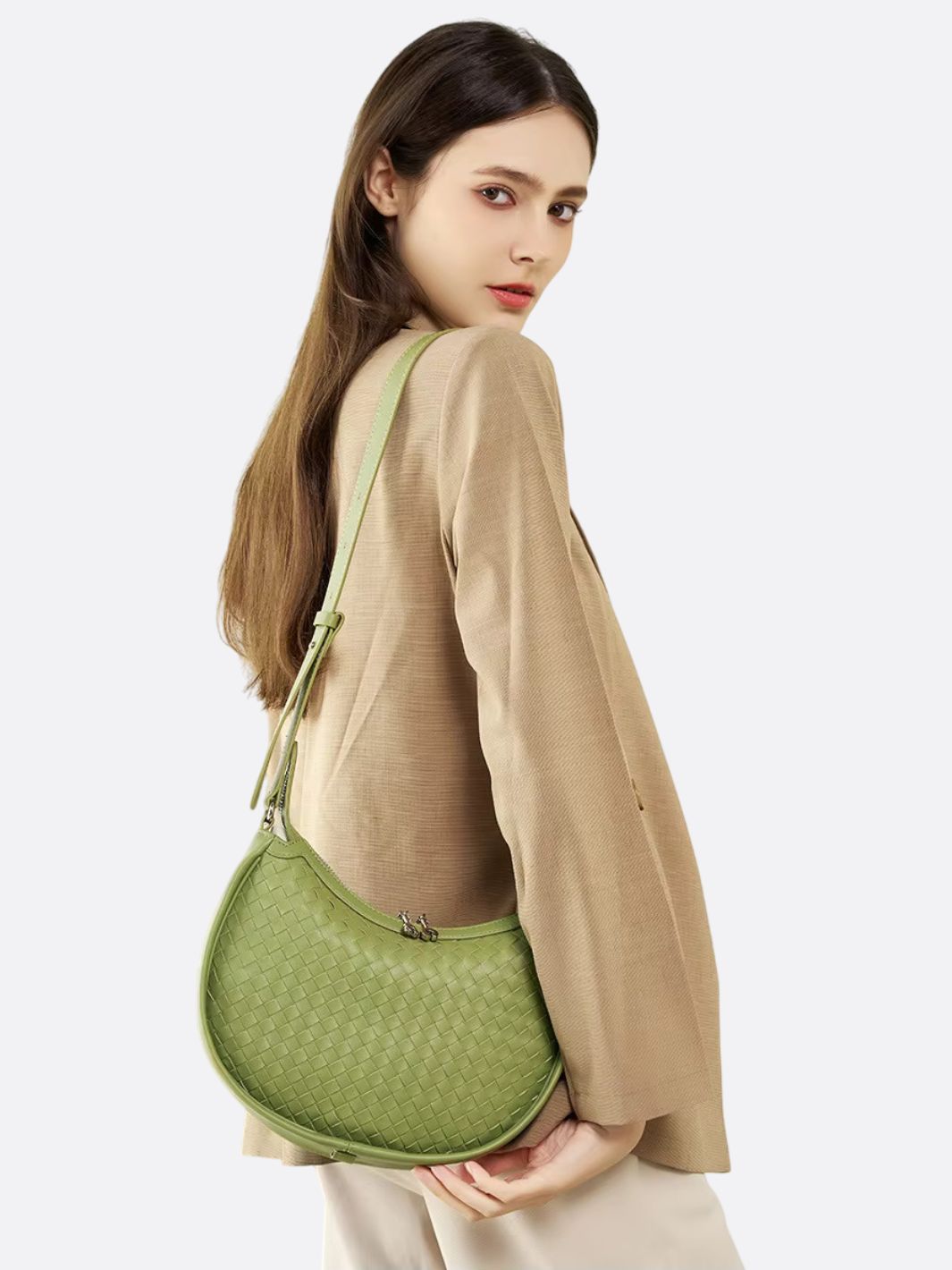 Arden Woven Crescent Bag – Genuine Leather Shoulder Bag - in Green | Arvea Bags