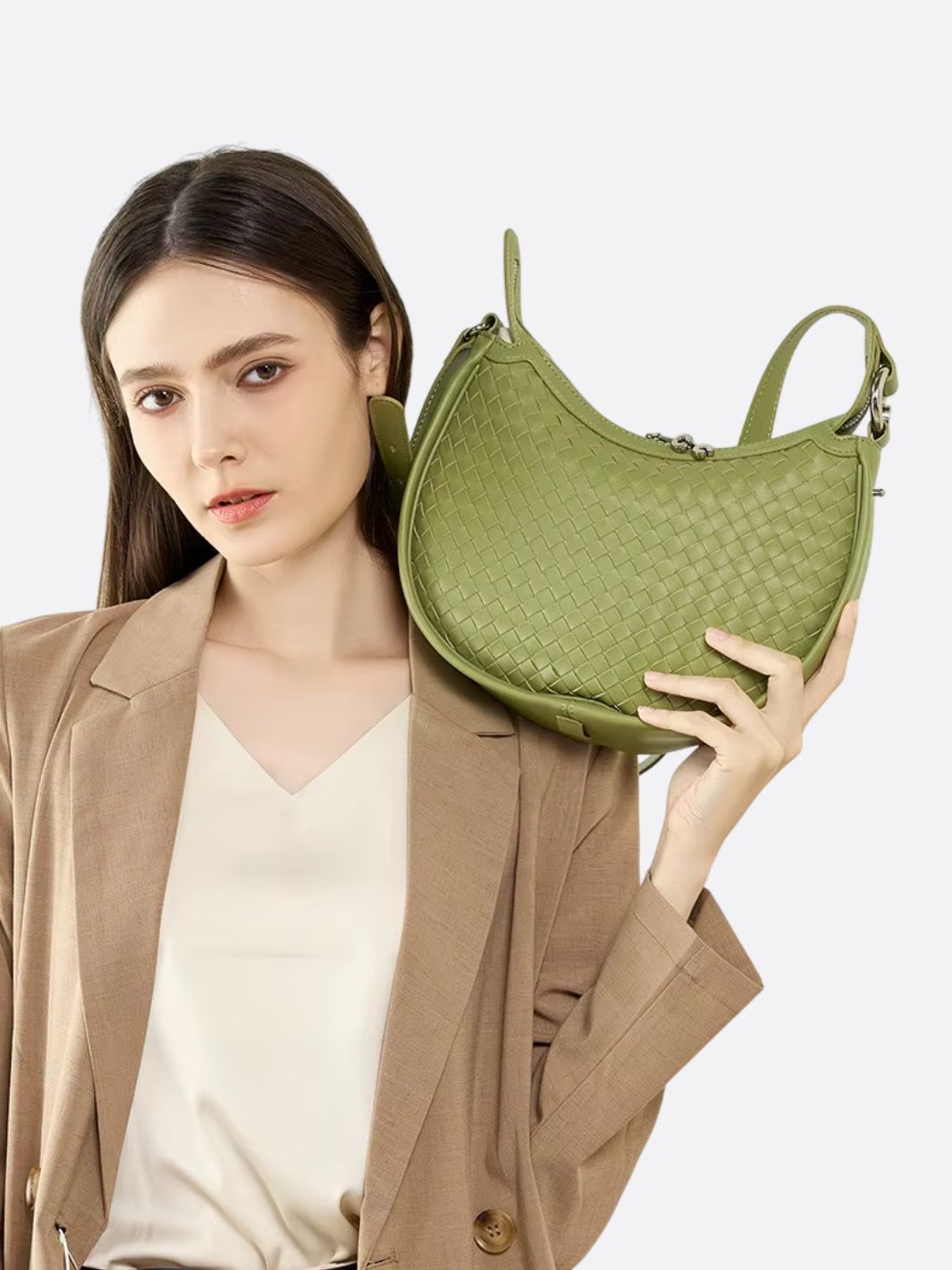 Arden Woven Crescent Bag – Genuine Leather Shoulder Bag - in Green | Arvea Bags