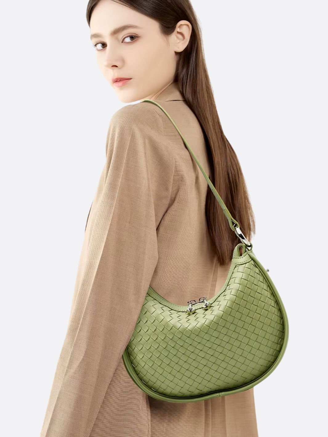 Arden Woven Crescent Bag – Genuine Leather Shoulder Bag - in Green | Arvea Bags
