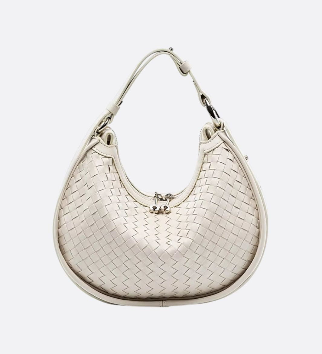 Arden Woven Crescent Bag – Genuine Leather Shoulder Bag - in Light Beige | Arvea Bags