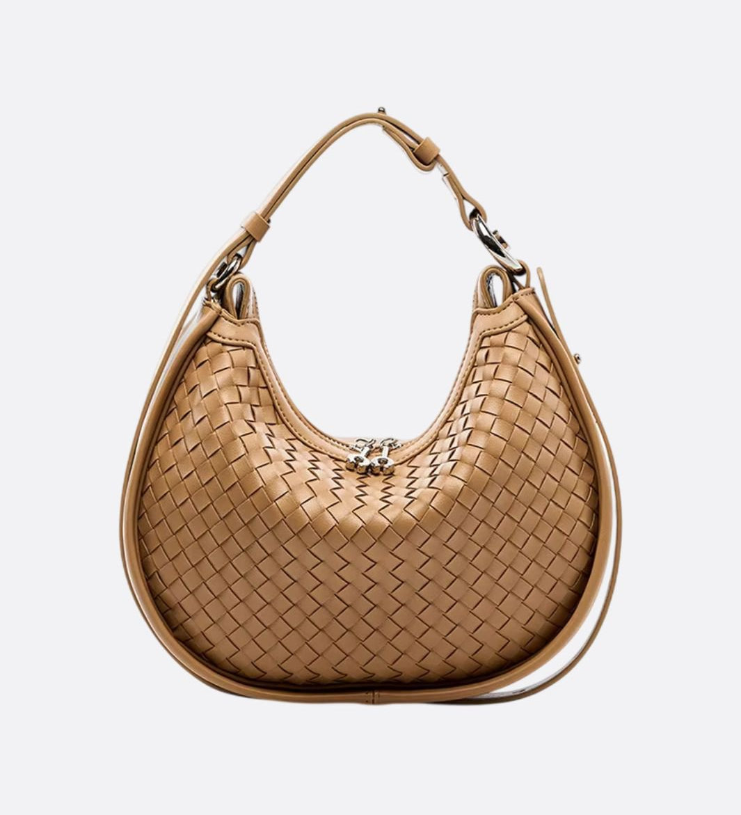 Arden Woven Crescent Bag – Genuine Leather Shoulder Bag - in Light Brown | Arvea Bags