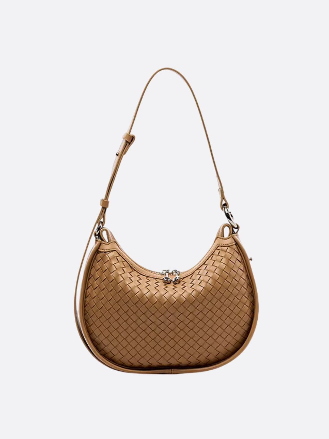 Arden Woven Crescent Bag – Genuine Leather Shoulder Bag - in Light Brown | Arvea Bags