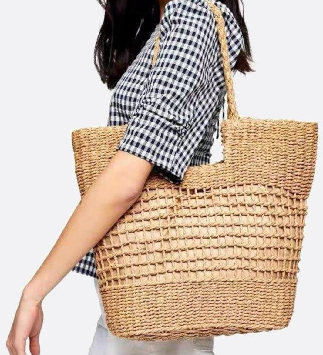 Aria Woven Rope Tote – Natural Open - Weave Handbag - in Beige | Arvea Bags