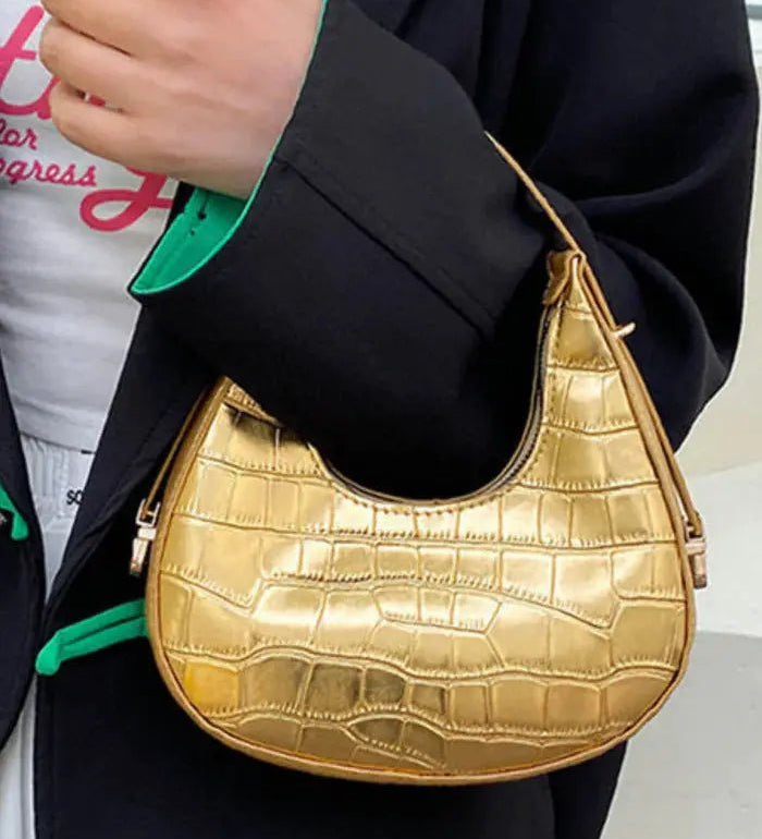 Aurelia | Luxe Gold Croc - Embossed Shoulder Bag – Glamorous & Bold - in Gold | Arvea Bags