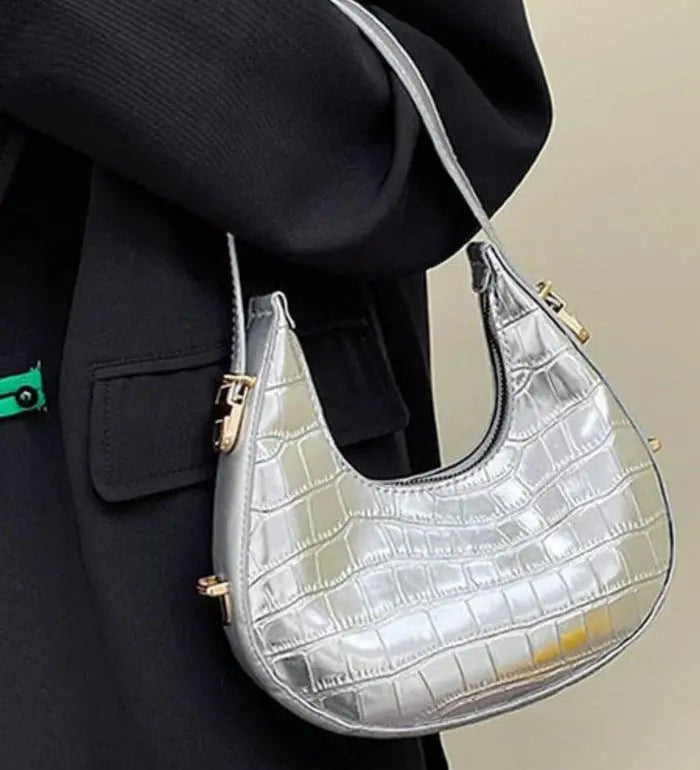 Aurelia | Luxe Gold Croc - Embossed Shoulder Bag – Glamorous & Bold - in Silver | Arvea Bags