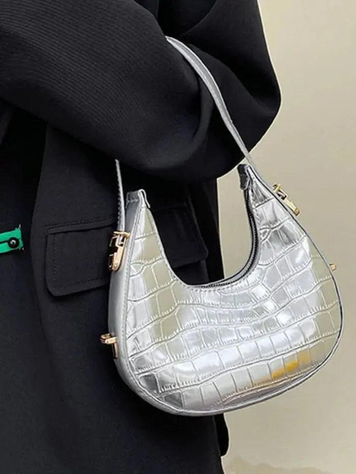 Aurelia | Luxe Gold Croc - Embossed Shoulder Bag – Glamorous & Bold - in Silver | Arvea Bags
