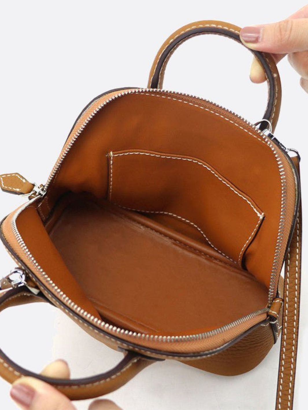 Aurora Dome Mini Handbag – Pebbled Top - Handle Bag with Detachable Strap - in Camel | Arvea Bags