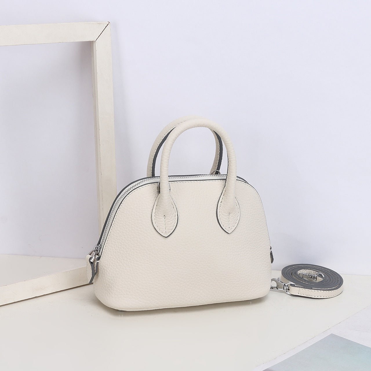 Aurora Dome Mini Handbag – Pebbled Top - Handle Bag with Detachable Strap - in White | Arvea Bags