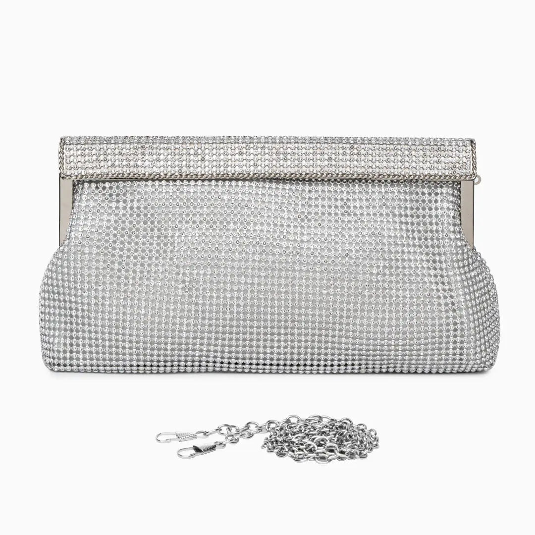 Aurora | Gold Crystal Mesh Evening Clutch – Luxe Radiance - in Silver | Arvea Bags