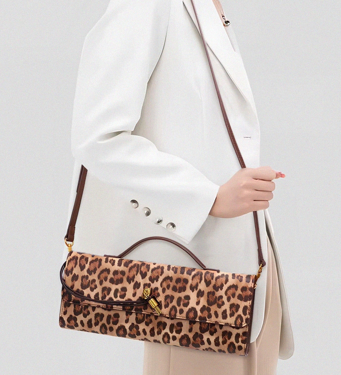 Aurora | Leopard Print Crossbody Bag – Faux Leather Clutch with Gold Lock - in Original Leopard | Arvea Bags