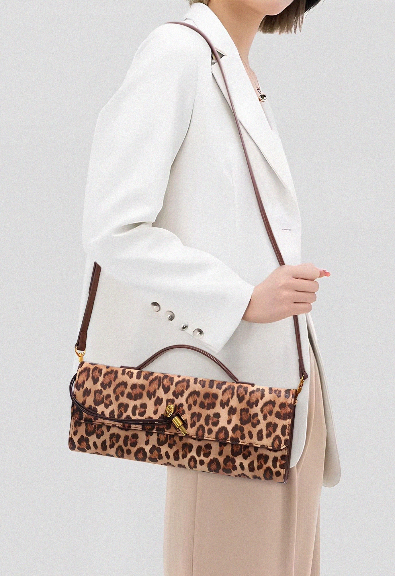 Aurora | Leopard Print Crossbody Bag – Faux Leather Clutch with Gold Lock - in Original Leopard | Arvea Bags