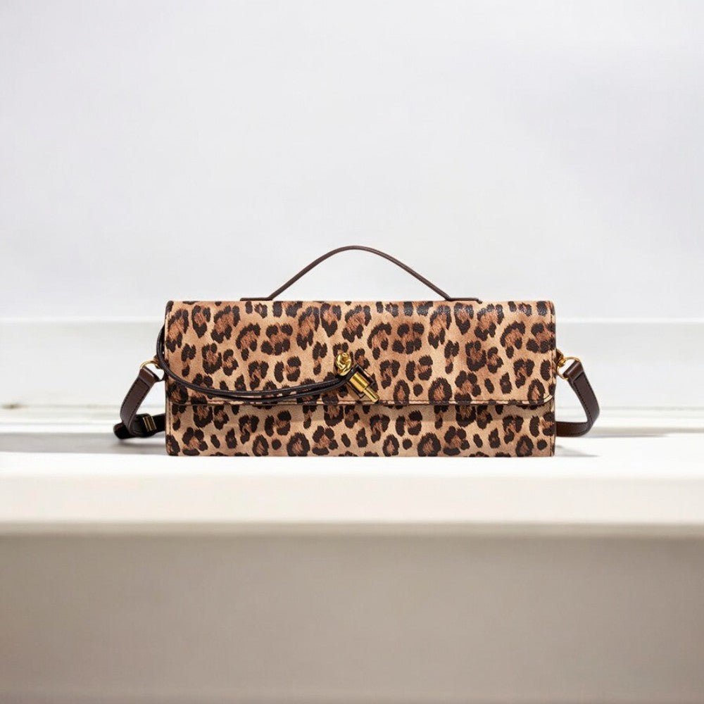 Aurora | Leopard Print Crossbody Bag – Faux Leather Clutch with Gold Lock - in Original Leopard | Arvea Bags