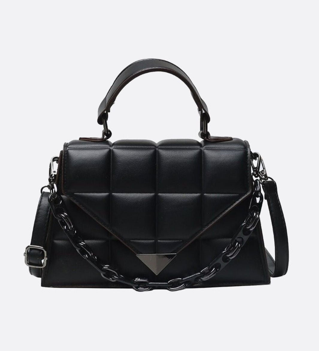 Aurora Quilted Statement Bag – Structured Handbag with Chain Detail & Top Handle - in Black | Arvea Bags
