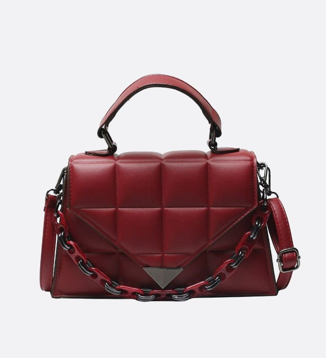 Aurora Quilted Statement Bag – Structured Handbag with Chain Detail & Top Handle - in Burgundy | Arvea Bags