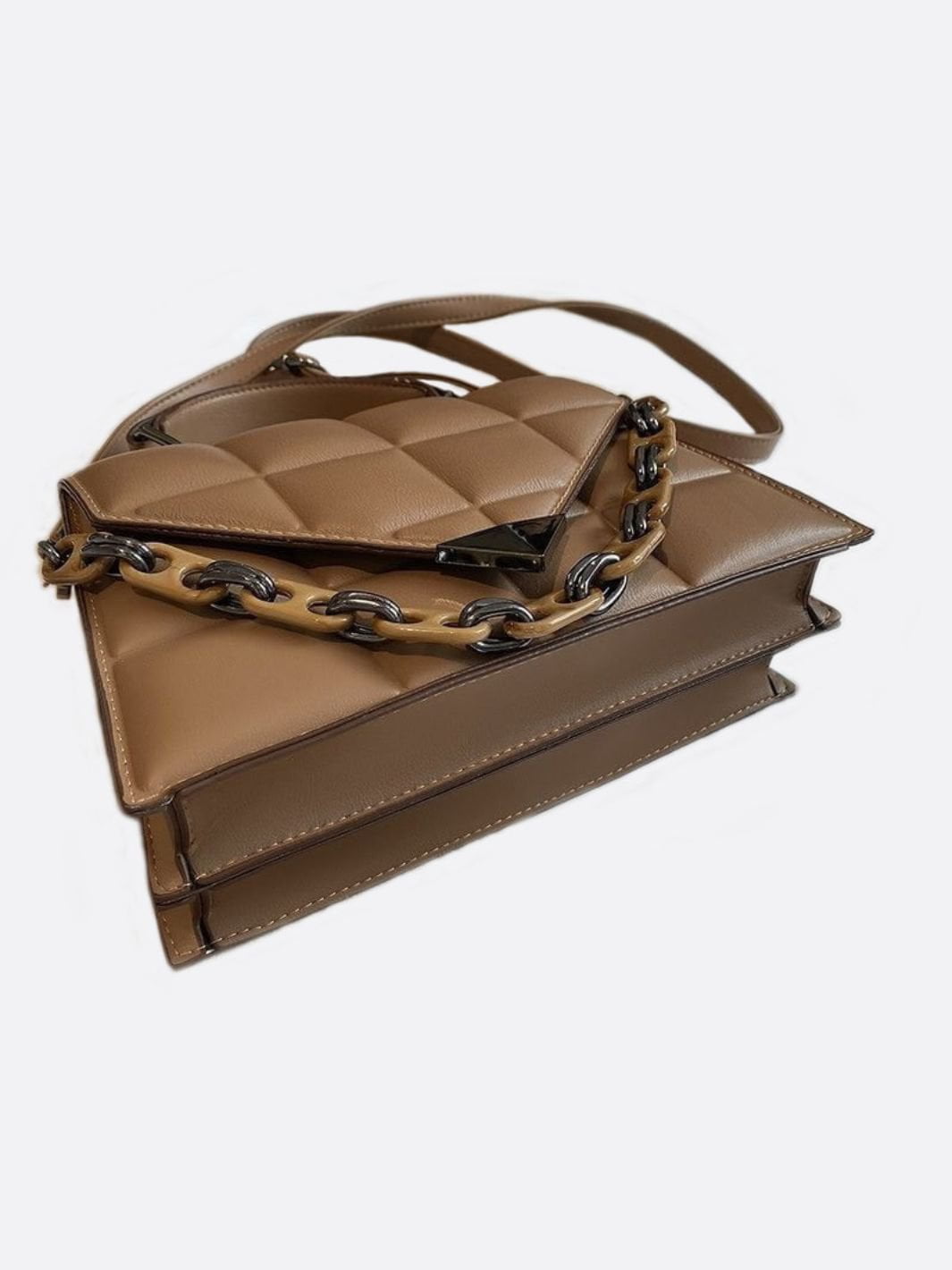 Aurora Quilted Statement Bag – Structured Handbag with Chain Detail & Top Handle - in Light Brown | Arvea Bags