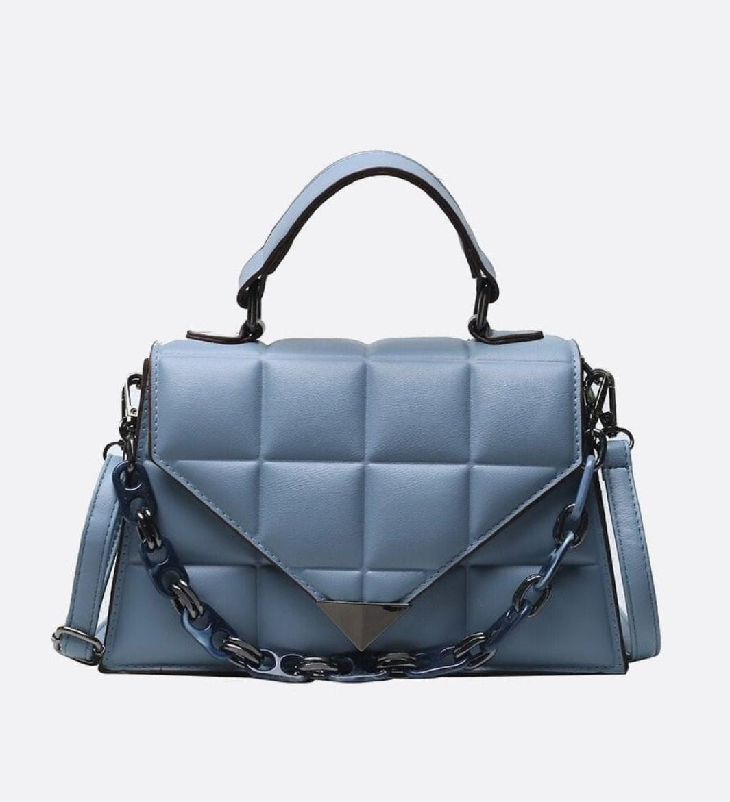 Aurora Quilted Statement Bag – Structured Handbag with Chain Detail & Top Handle - in Sky Blue | Arvea Bags