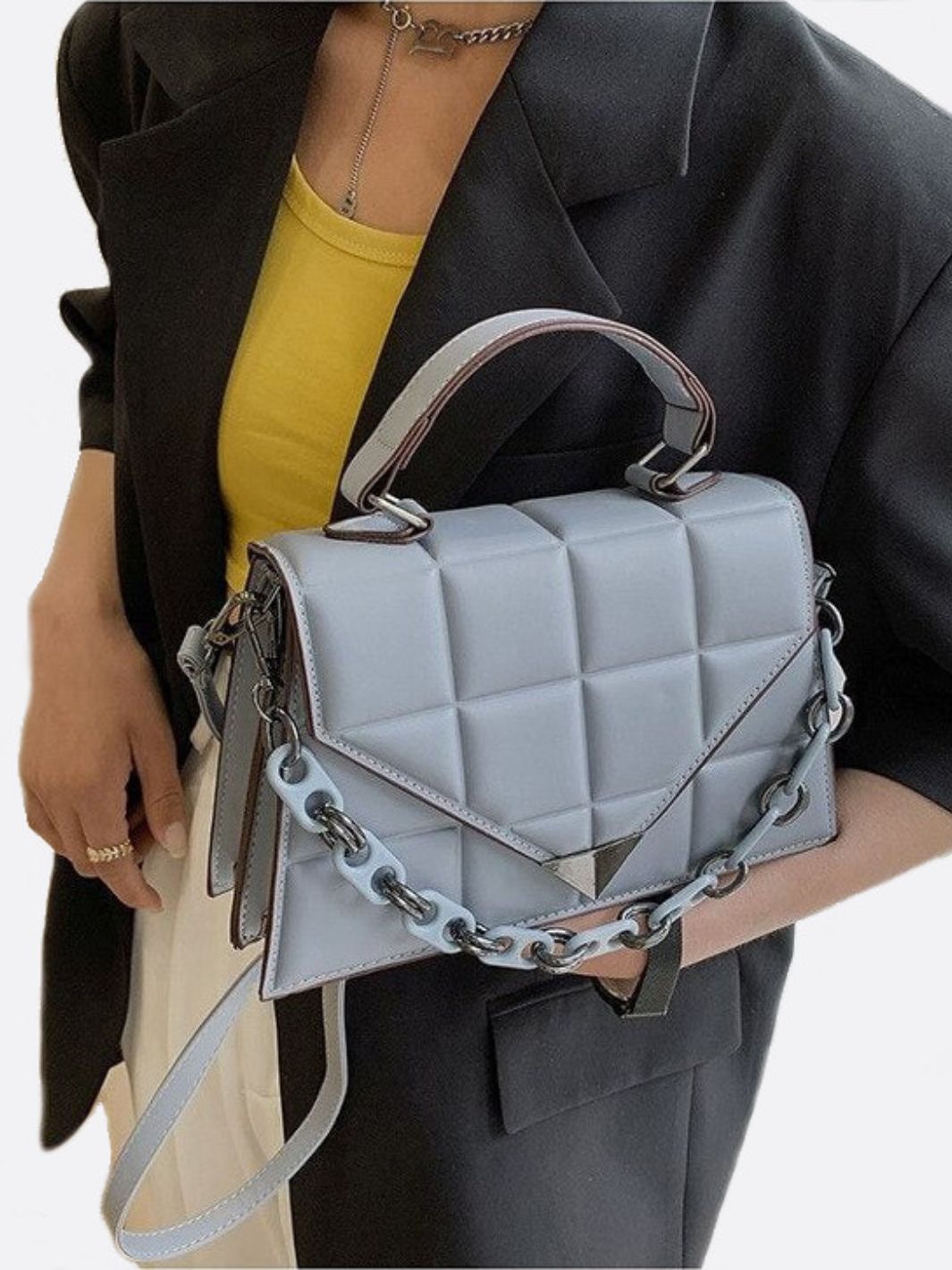 Aurora Quilted Statement Bag – Structured Handbag with Chain Detail & Top Handle - in Sky Blue | Arvea Bags