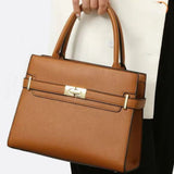 Aurora Signature Trapeze Bag – Structured Handbag with Turn - Lock Closure - in Camel | Arvea Bags