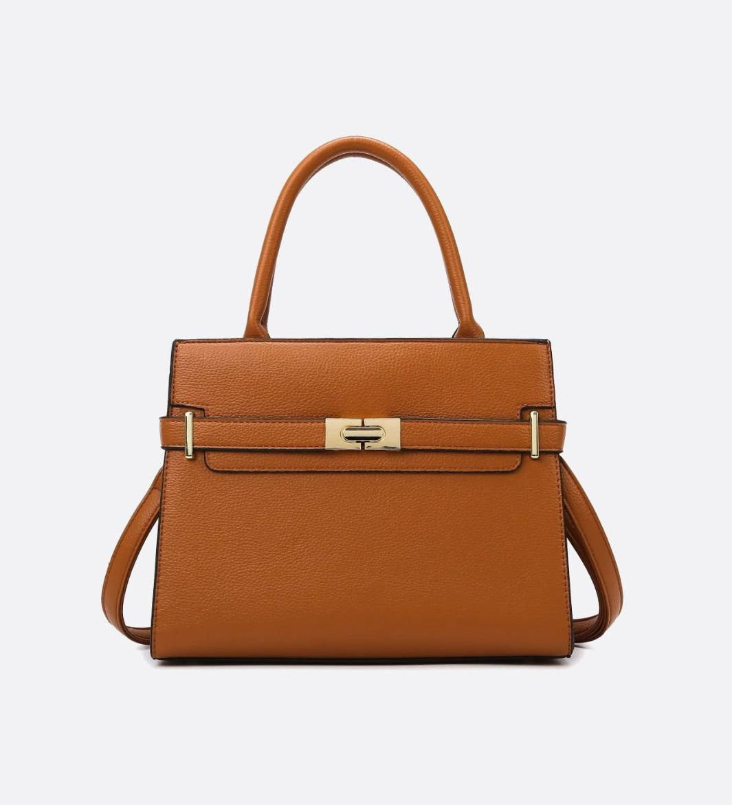 Aurora Signature Trapeze Bag – Structured Handbag with Turn - Lock Closure - in Camel | Arvea Bags