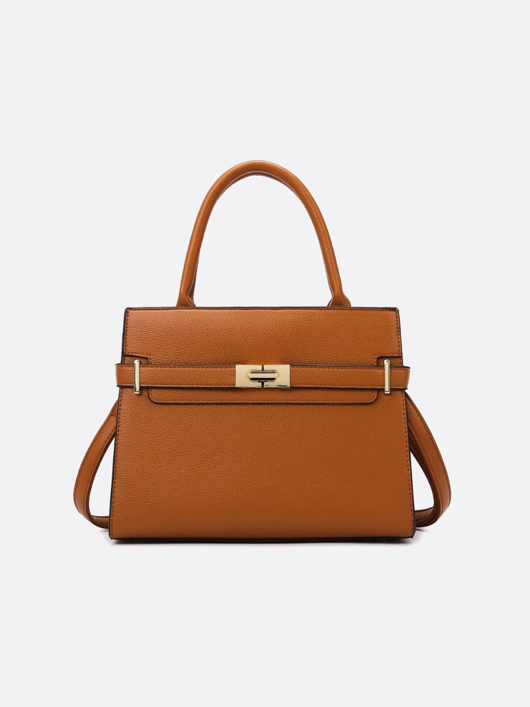 Aurora Signature Trapeze Bag – Structured Handbag with Turn - Lock Closure - in Camel | Arvea Bags