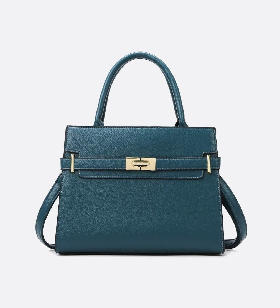 Aurora Signature Trapeze Bag – Structured Handbag with Turn - Lock Closure - in Duck Blue | Arvea Bags