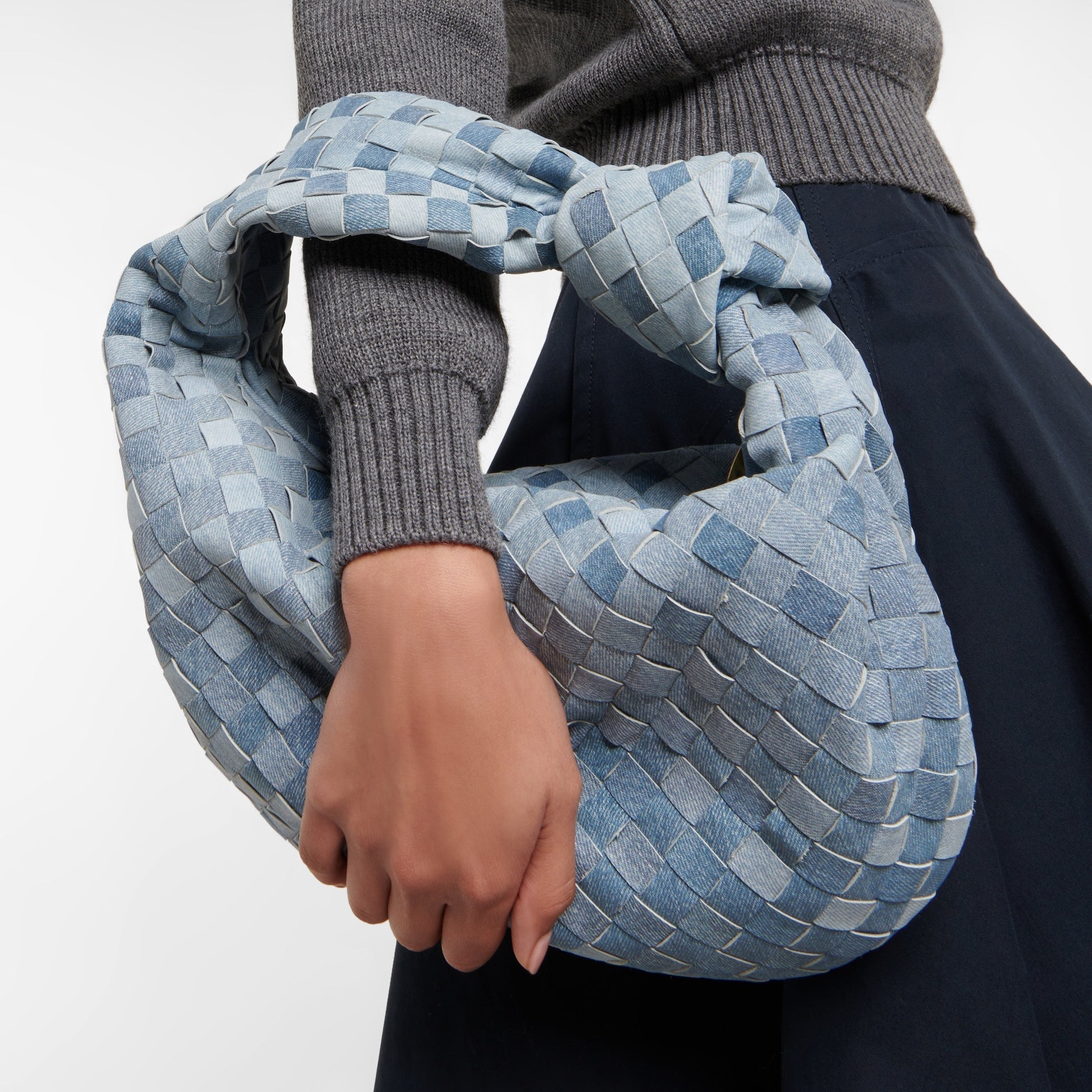 Aurora Woven Lamb Leather Hobo Bag – Light Blue Handmade in Italy - in Denim Blue | Arvea Bags
