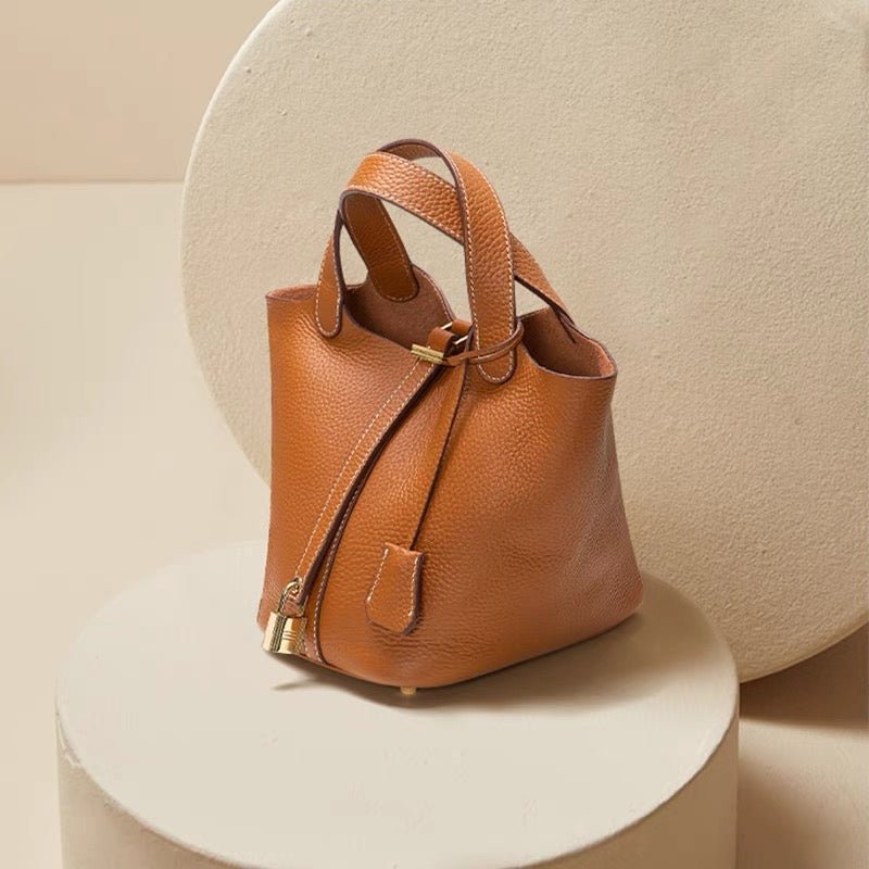 Azrielle | Premium Vegan Leather Litchi Grain Buckle Bag with Top Handle & Inner Pouch - in Brown | Arvea Bags