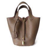 Azrielle | Premium Vegan Leather Litchi Grain Buckle Bag with Top Handle & Inner Pouch - in Classic Brown | Arvea Bags