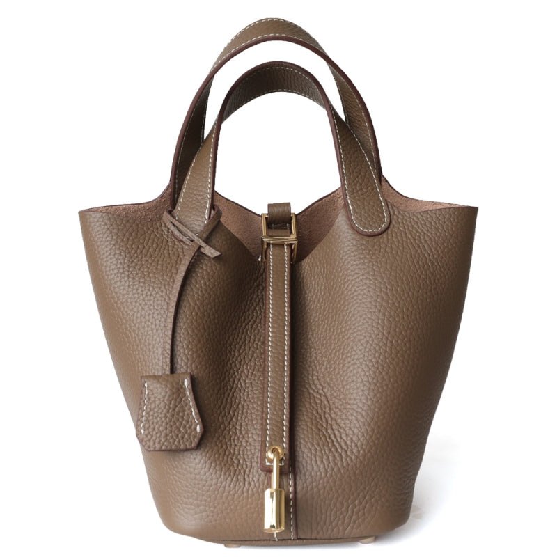 Azrielle | Premium Vegan Leather Litchi Grain Buckle Bag with Top Handle & Inner Pouch - in Classic Brown | Arvea Bags