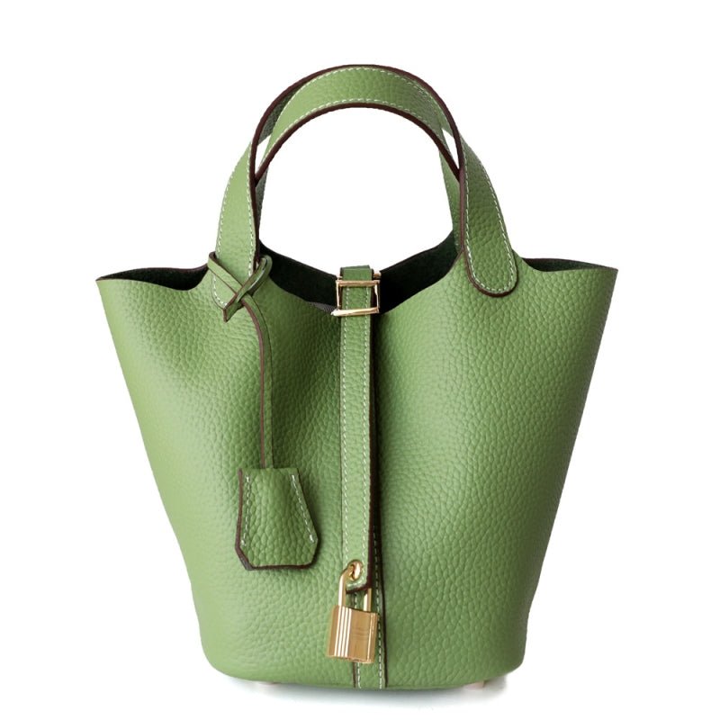 Azrielle | Premium Vegan Leather Litchi Grain Buckle Bag with Top Handle & Inner Pouch - in Green | Arvea Bags