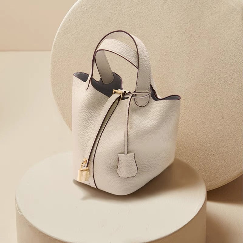 Azrielle | Premium Vegan Leather Litchi Grain Buckle Bag with Top Handle & Inner Pouch - in Light Beige | Arvea Bags