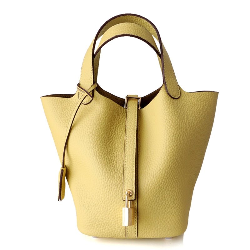 Azrielle | Premium Vegan Leather Litchi Grain Buckle Bag with Top Handle & Inner Pouch - in Yellow | Arvea Bags