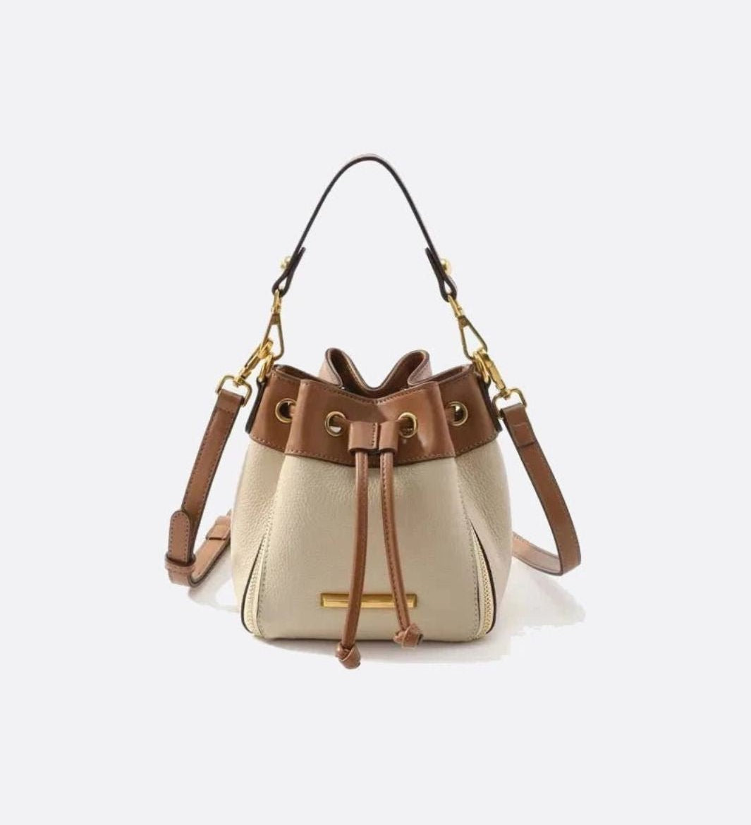 Beige & Brown Drawstring Bucket Bag – Two - Tone Faux Leather Handbag - in Beige | Arvea Bags