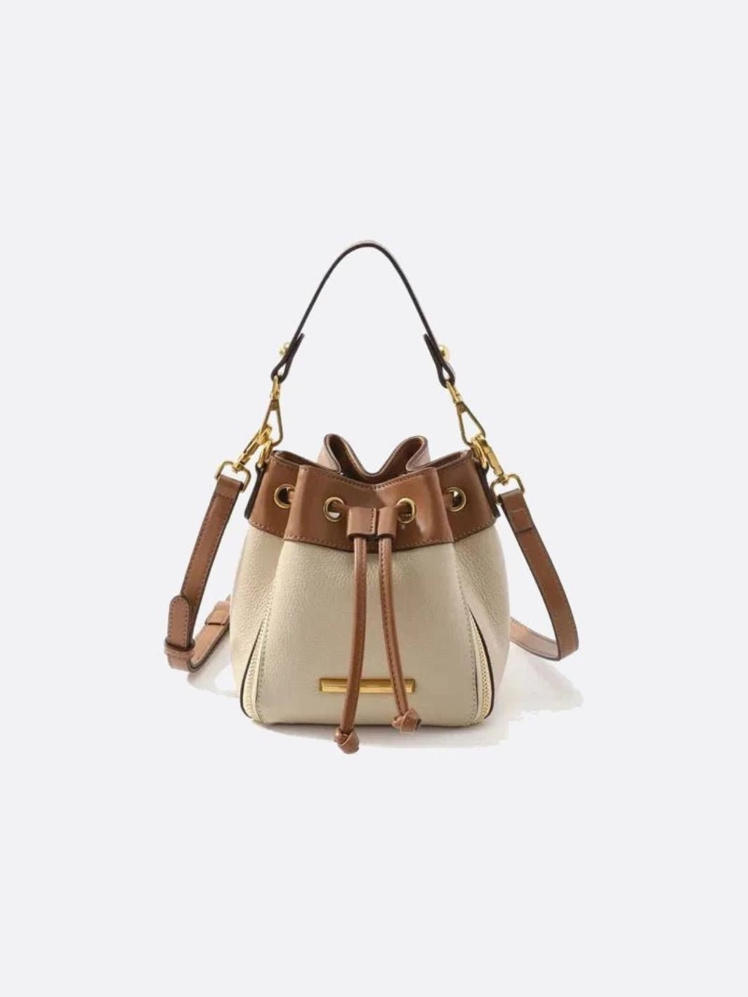 Beige & Brown Drawstring Bucket Bag – Two - Tone Faux Leather Handbag - in Beige | Arvea Bags