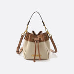 Beige & Brown Drawstring Bucket Bag – Two - Tone Faux Leather Handbag - in Beige | Arvea Bags