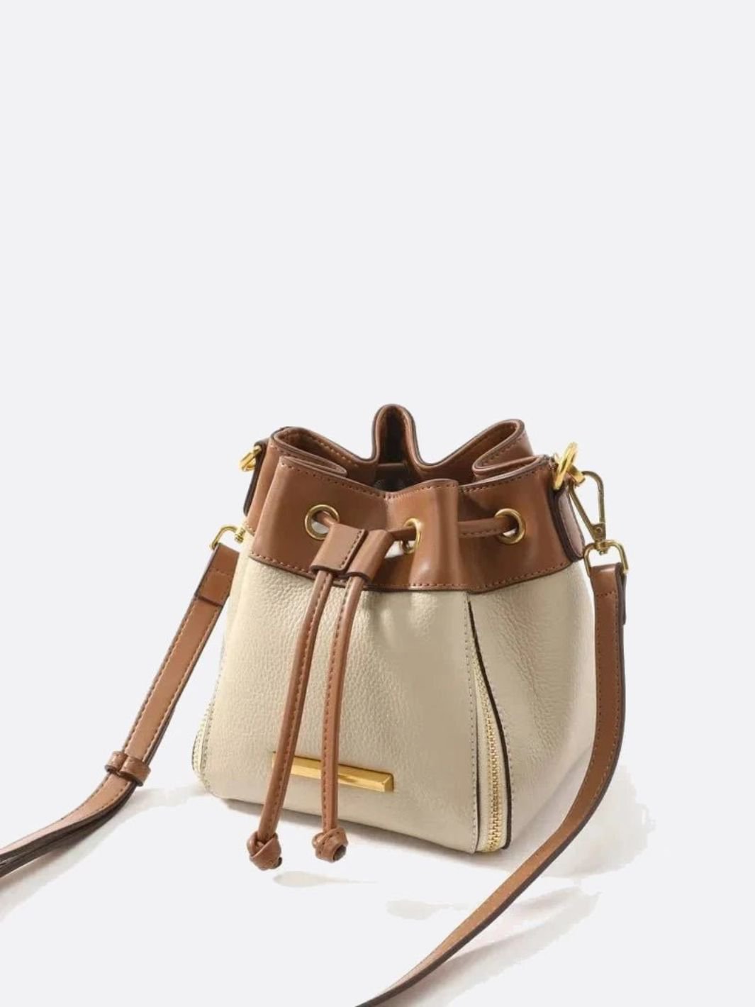 Beige & Brown Drawstring Bucket Bag – Two - Tone Faux Leather Handbag - in Beige | Arvea Bags