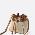 Beige & Brown Drawstring Bucket Bag – Two - Tone Faux Leather Handbag - in Beige | Arvea Bags