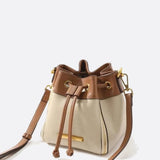 Beige & Brown Drawstring Bucket Bag – Two - Tone Faux Leather Handbag - in Beige | Arvea Bags