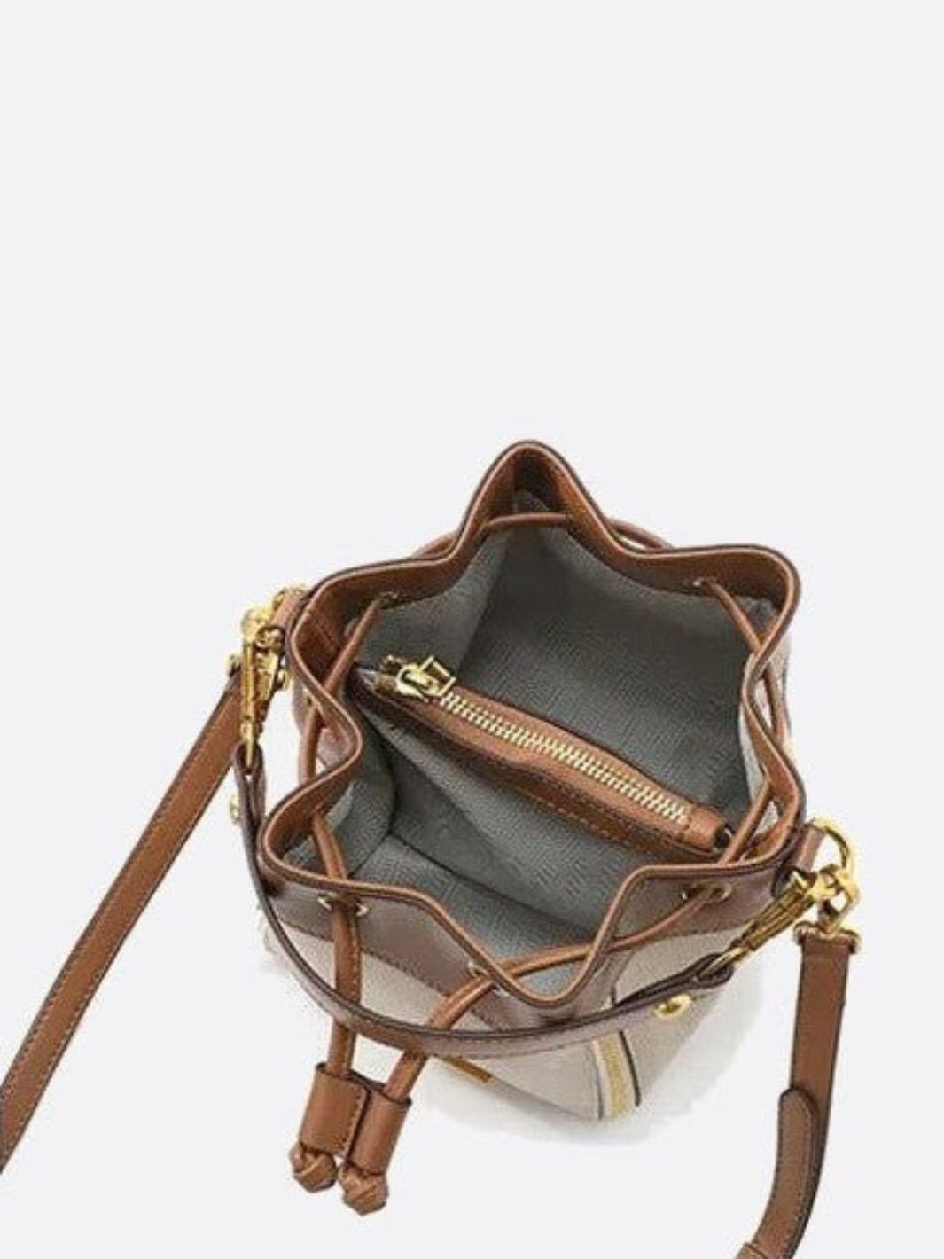 Beige & Brown Drawstring Bucket Bag – Two - Tone Faux Leather Handbag - in Beige | Arvea Bags